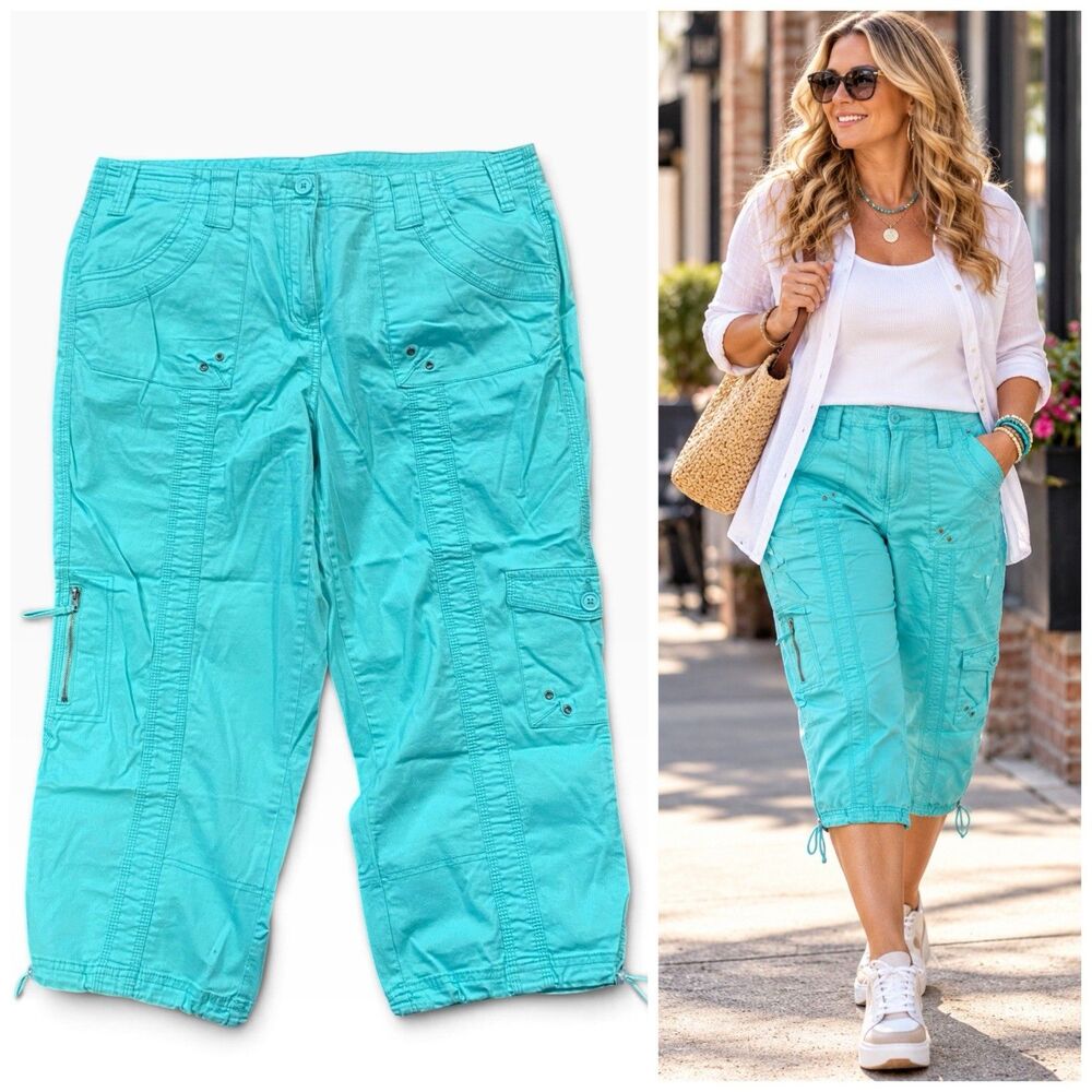 Style & Co Cargo Pants Womens 14 Mint Green Capri Cropped Utility Cotton Stretch